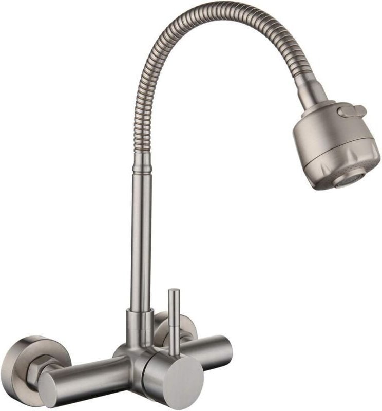 Küchenarmatur aus Edelstahl 304, Wandmontage, 360° schwenkbarer Auslauf, mit Schlauch – gebürstet Ymyny