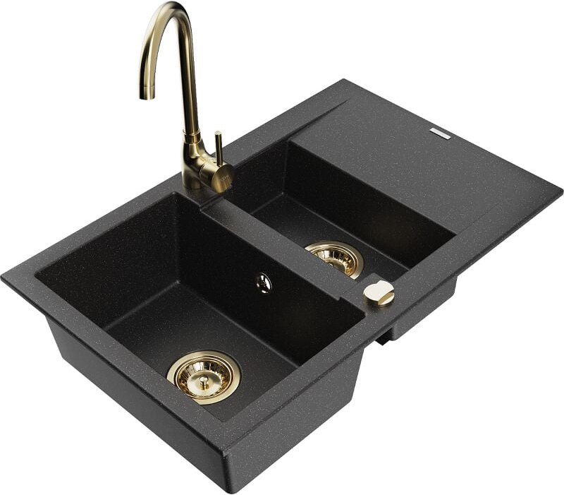 Gaspar 1,5-Becken-Granitspüle mit Abtropffl√§che und Mischbatterie Telma, Schwarz/Silber - 6507-73-670200-50 - Mexen