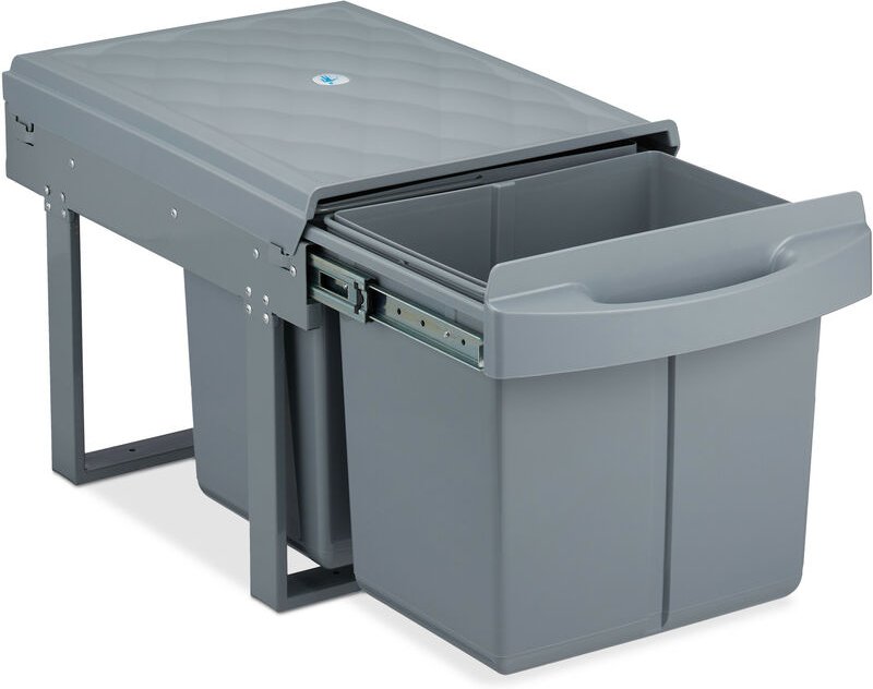 Relaxdays - Einbaumülleimer 2-fach, auziehbarer Küchenmülleimer für Unterschrank, 2x15 Liter, 34,6 x 34 x 51,8 cm, grau