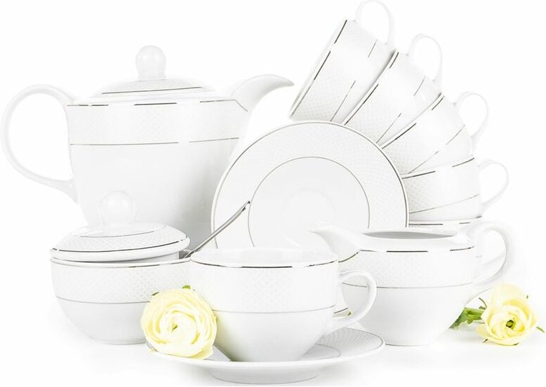 Konsimo - amelia satin Kaffeeset für 6 Personen (9 Artikel) Porzellan, Weiß