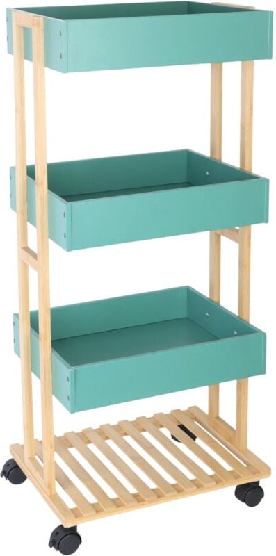Relaxdays Servierwagen, Bambus & MDF, Küchenwagen mit 4 Etagen, Rollwagen, Küche & Bad, HBT: 88 x 40 x 30 cm, natur/mint