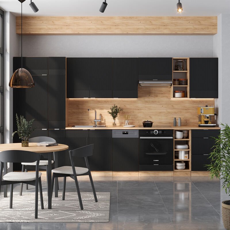 Küchenzeile Fame-Line, Schwarz gestreift/Goldkraft Eiche, 355 cm , AP Marmor, Vicco