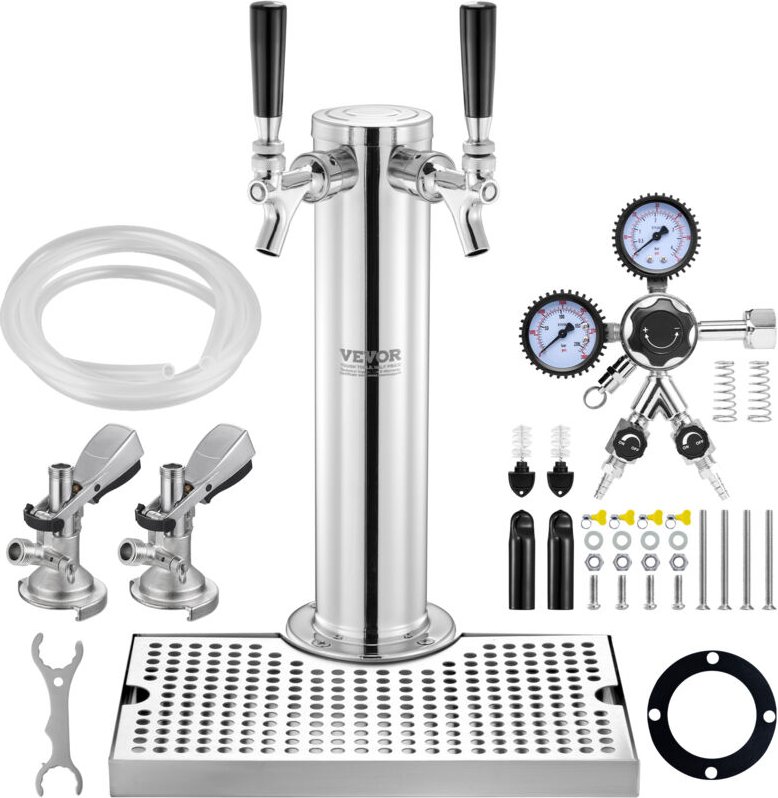 Vevor Kegerator-Turm-Kit, Bier-Umrüstsatz mit zwei Zapfhähnen, Bier-Turmspender aus Edelstahl mit Doppelmessgerät W21.8-...