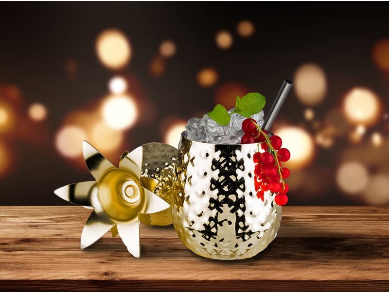 APS - Ananas Cocktailbecher 500ml Goldfarbig mit Deckel und Metall Strohhalm
