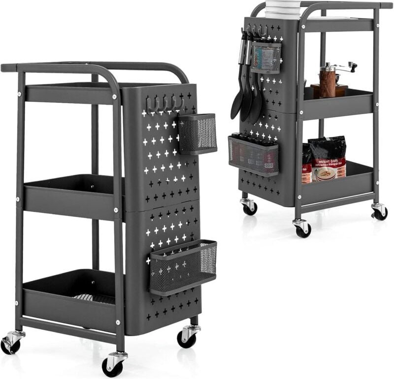 COSTWAY Rollwagen 3 Etagen, Servierwagen Küchenwagen mit 2 Stecktafeln, Metall Mehrzweckwagen auf Rollen, Küchenrollwage...
