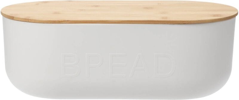 Excellent Houseware - Weißer Brotkasten aus Kunststoff, Bambusdeckel, 35 x 19 x 12 cm