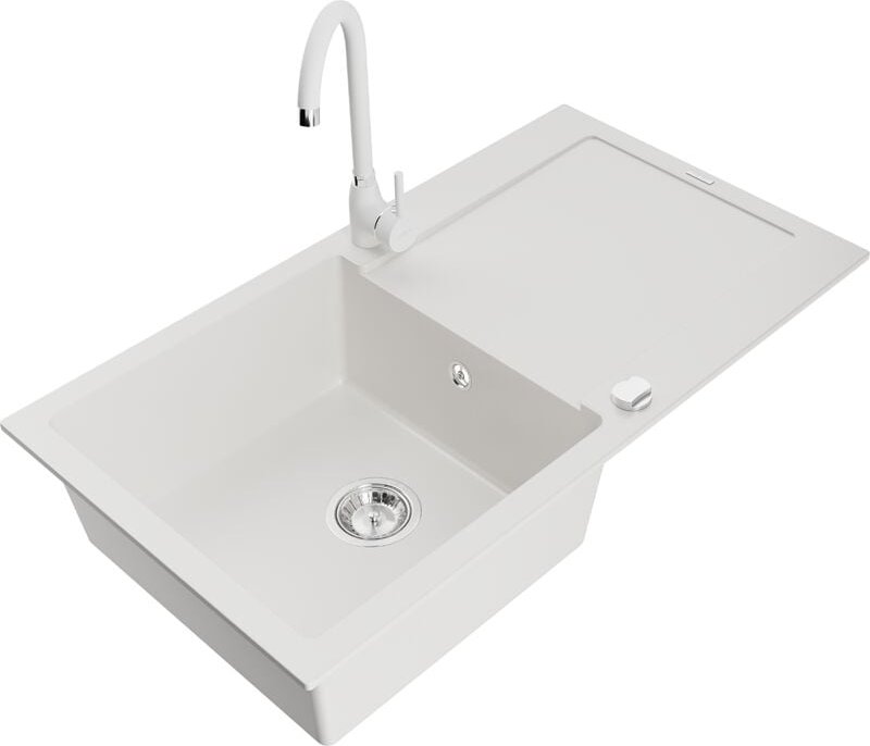 Leo 1 Becken-Granitspüle mit Abtropffläche und Mischbatterie Telma, Weiß - 6501-20-670200-20 - Mexen