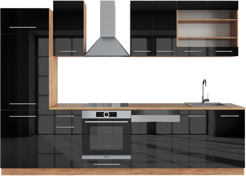 Vicco - Küchenzeile Fame-Line, Anthrazit Hochglanz/Goldkraft Eiche, 300 cm , ap Eiche