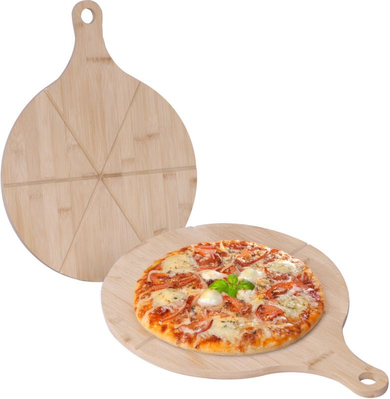 Relaxdays Pizzateller, 2er Set, Bambus, Ø 33 cm, Servierbrett für Pizza, Flammkuchen, Käse, rundes Pizzabrett, natur