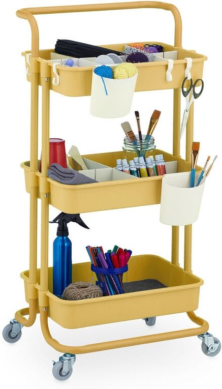 Rollwagen, 3 Etagen, Servierwagen, Küchenwagen für Bad & Büro, Rollregal, hbt: 86x42,5x36cm, Bastelwagen, gelb - Relaxda...