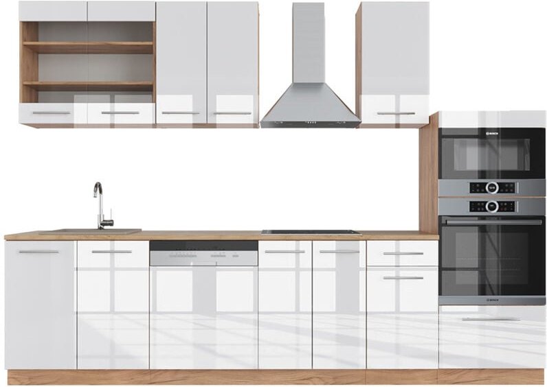 Vicco - Küchenzeile Fame-Line, Weiß Hochglanz/Goldkraft Eiche, 300 cm mit Hochschrank, ohne Arbeitsplatte