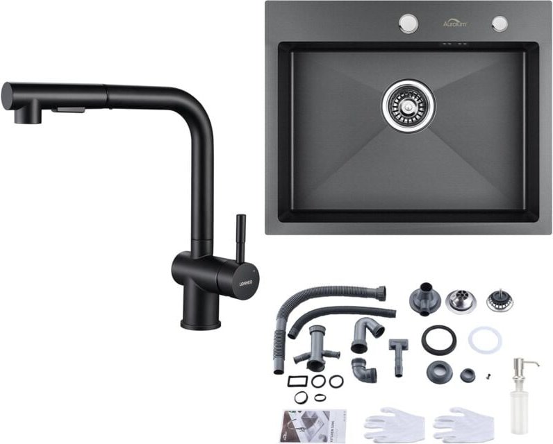 Edelstahl Küchenspüle Einbauspüle 55 × 45 cm, Dunkelgrau+ Schwarz Hochdruck ausziehbar Küchenarmatur