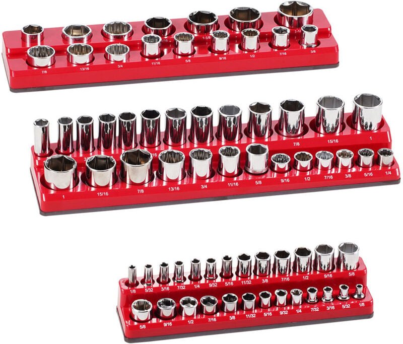 Thumbnail - Magnetischer Steckschlüssel-Organizer-Satz, 3-teilig, 1/4 Zoll, 3/8 Zoll, 1/2 Zoll sae, für bis zu 68 Stück, transparent...