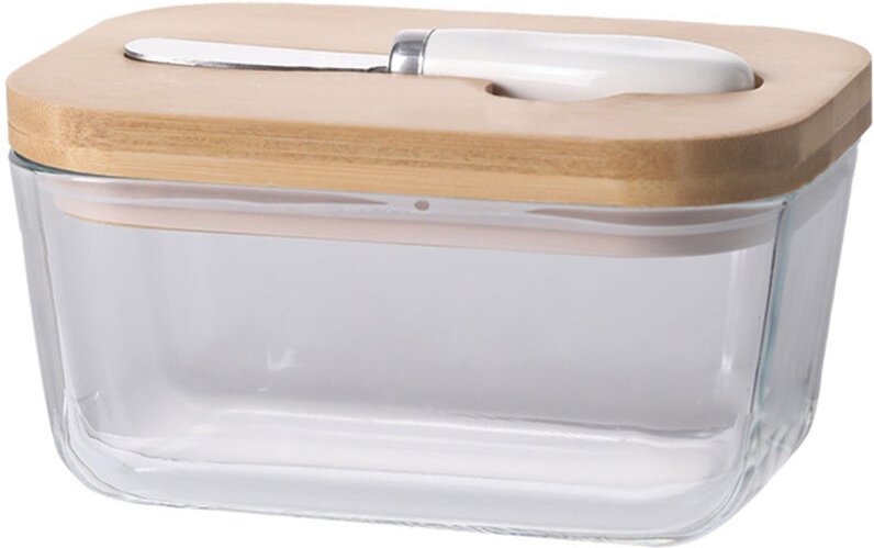 Butterdose aus Glas mit Bambusdeckel und Messer, luftdichter Verschluss für optimale Frische, große Butterdose, geeignet...
