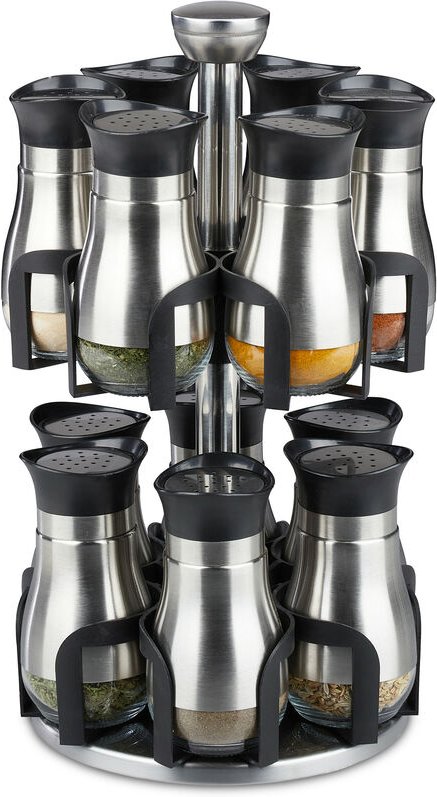 Relaxdays Gewürzkarussell, 12 Gewürzgläser, Edelstahl & Glas, drehbar, spülmaschinenfest, Gewürzständer, silber/schwarz