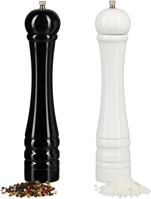 Gewürzmühle Holz, Pfeffermühle 2er Set, Keramikmahlwerk, manuell, groß, 30 cm hoch, klassisch, schwarz-weiß - Relaxdays