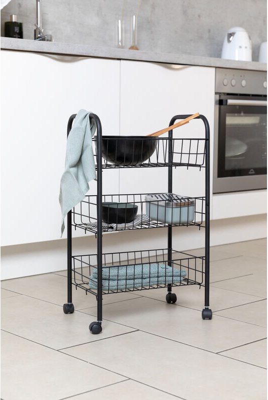 WENKO Rollwagen Florenz mit 3 Ablagen Schwarz, Servierwagen, Badwagen, Haushaltswagen, Schwarz, pulverbeschichtetes Meta...