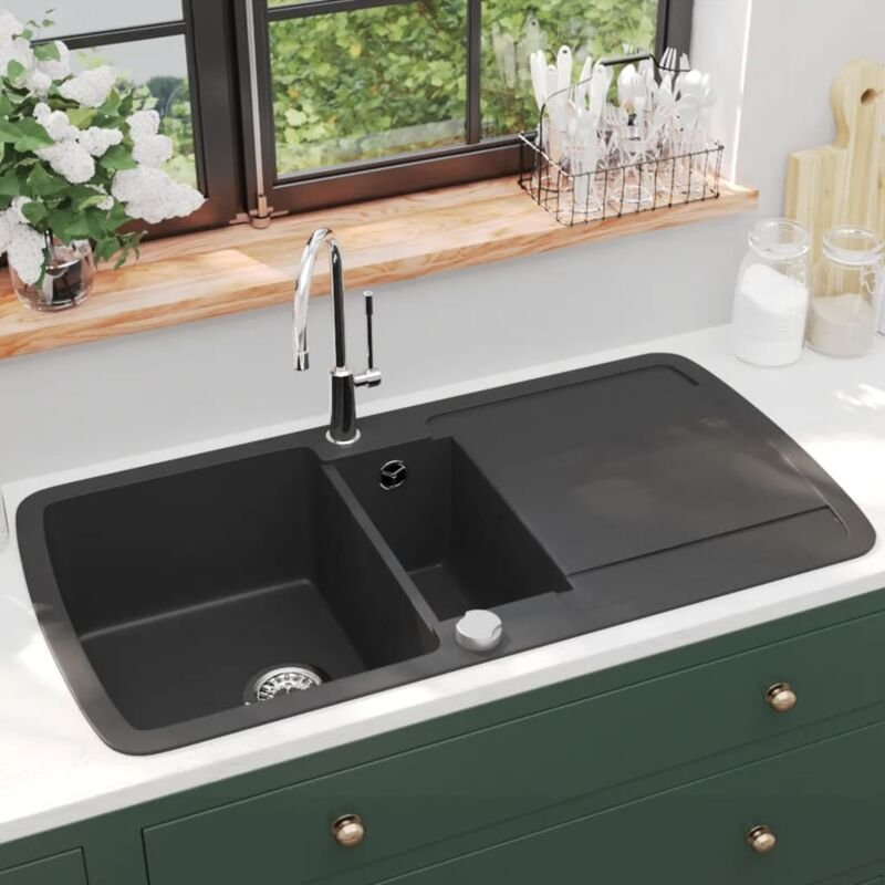 Küchenspüle Granit Spülbecken Doppelbecken Modern Design Schwarz DE95622