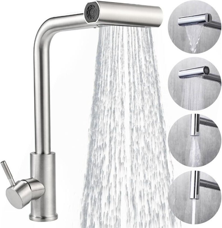 Küchenarmatur mit ausziehbarer Brause, Edelstahl-Küchenmischer, 360° drehbarer Brausekopf, gebürstete Oberfläche, 4 Wass...