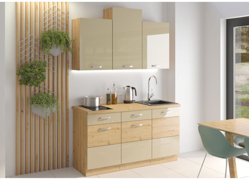 Küchen Preisbombe - Küche Eiche Artisan Cappuccino 150 Küchenzeile Hochglanz Küchenblock Singleküche