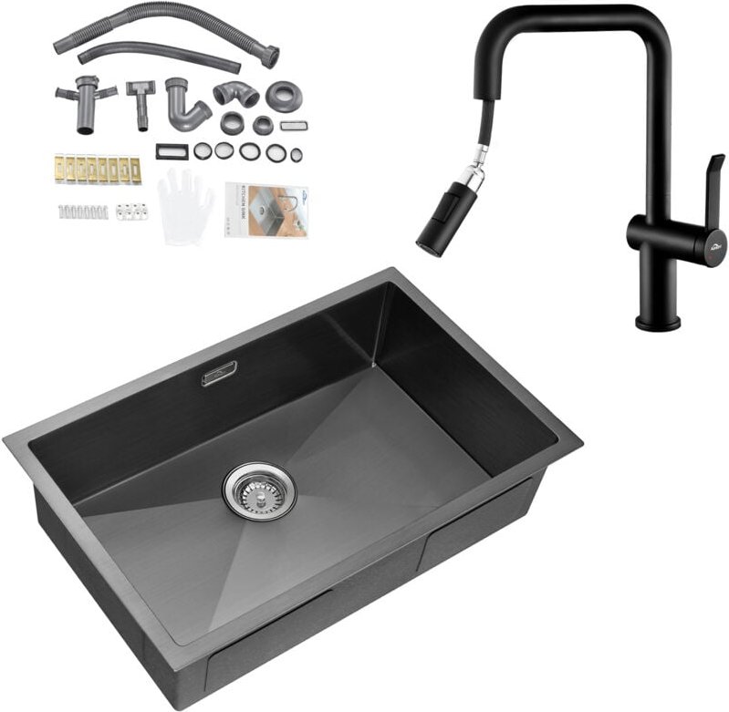 Auralum Edelstahl Küchenspüle 70 × 44 × 19 cm + Hochdruck Ausziehbare Küchenarmatur