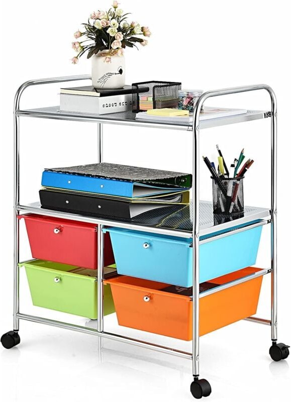Rollwagen mit 4 stapelbaren Schubladen, Schubladenwagen Rollcontainer mit Metallgestell und Ablageflächen, Badrollwagen ...