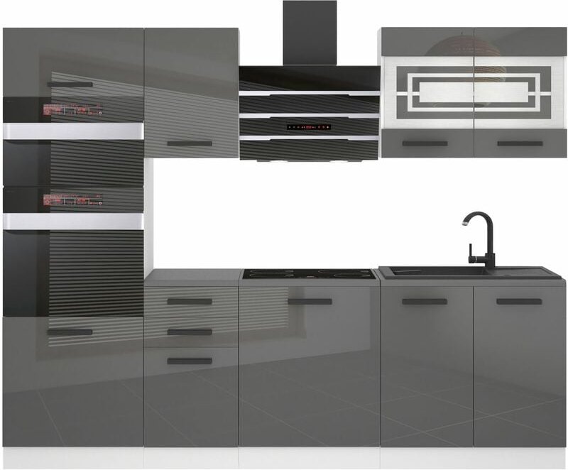 Küchenzeile Küchenblock Tracy - Küchenmöbel 240 cm Einbauküche Vollausstattung ohne Elektrogeräten mit Hängeschränke und...