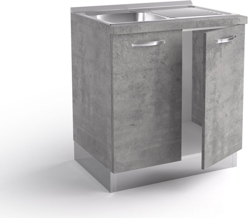 Küchenspülensockel 80x60x84 cm aus betongrauem Holz mit Edelstahlspüle und zwei Türen - Massa