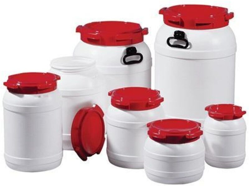 Weithalsfass 10,0 l PE weiß mit rotem Deckel - 7011-61-046