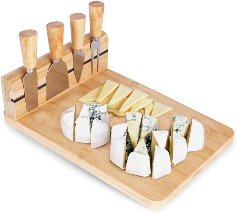 Excellent Houseware - Käsebrett aus Bambus + 4 Messer Schneidebrett Käseplatte