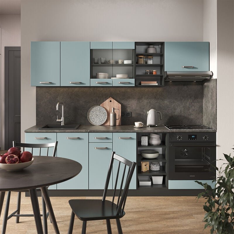 Vicco - Küchenzeile R-Line, Blau-Grau/Anthrazit, 240 cm ohne Arbeitsplatte