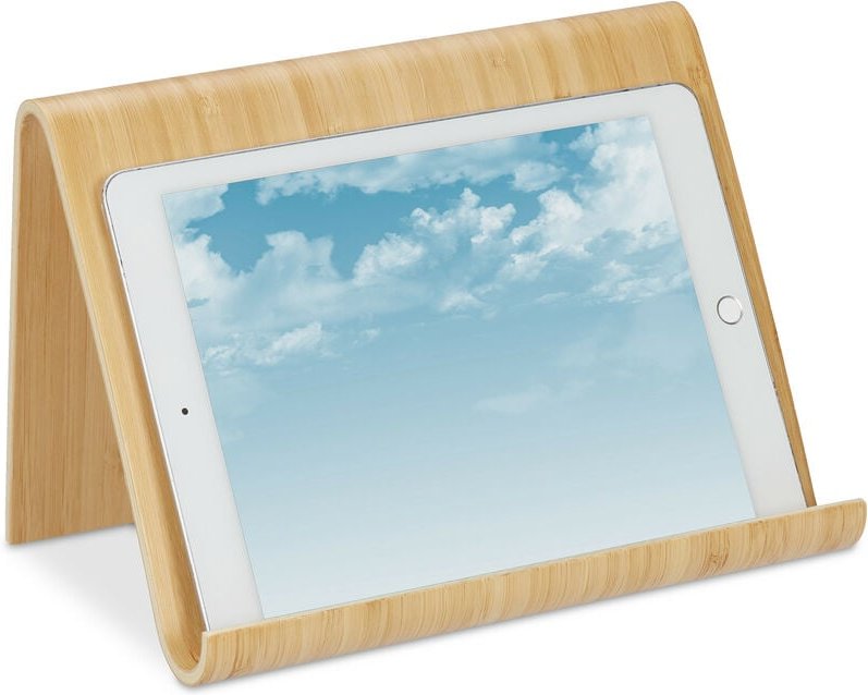 Relaxdays - Tablet Ständer, Holz, Schreibtisch, Küche, Bett, Leseständer, modernes Design, Buch-Halter, Kochbuch, natur