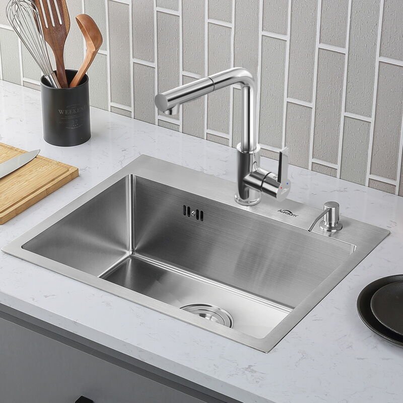 Spülbecken 55 x 45CM Küchenspüle spülbecken Edelstahl Spüle Einbauspüle Einzelbecken 1 Becken mit Seifenspender