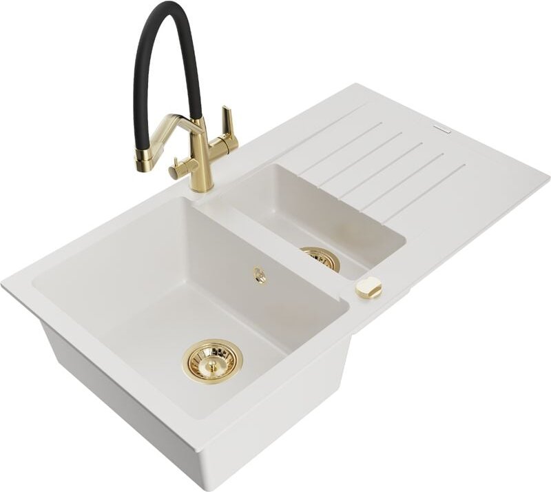 Matias 1,5-Becken-Granitspüle mit Abtropffläche und Mischbatterie Duo, Weiß - 6502-20-671701-5 - Mexen