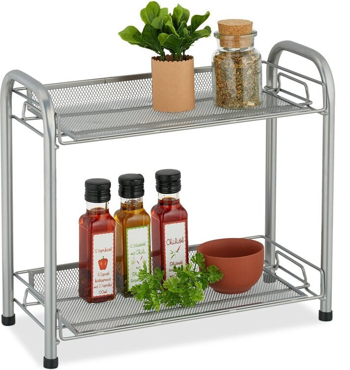 Relaxdays - Gewürzregal, 2 Ebenen, Tischregal für Küche & Bad, Gewürze, Make-Up, Parfüm, Etagenregal aus Metall, silber