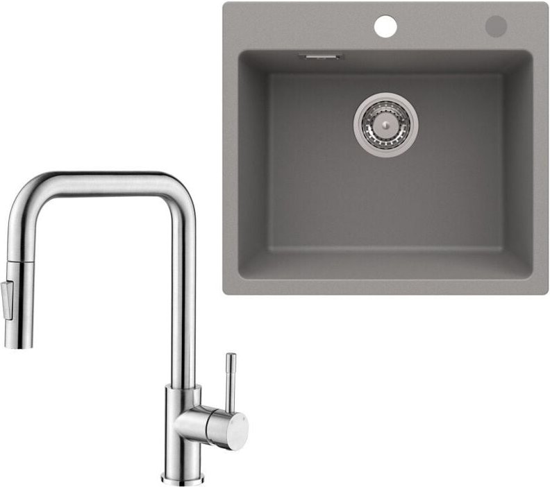 Spülbecken mit 1 Becken 50×45CM Granitspüle Grau + Küchenarmatur mit 2 Strahlarten Gebürstete ausziehbarer Spültischarma...