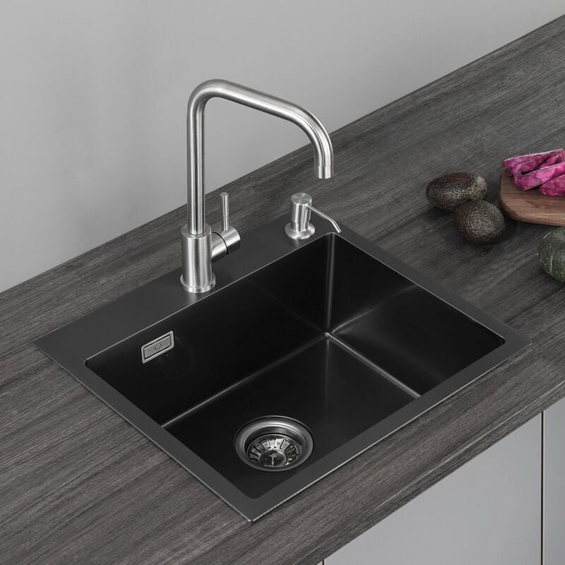 Spülen mit 1 Becken, Schwarz Einzelbecken-Küchenspülbecken, 50 x 45 Arbeitsplatte oder eingebauter Edelstahl 304 mit Abf...