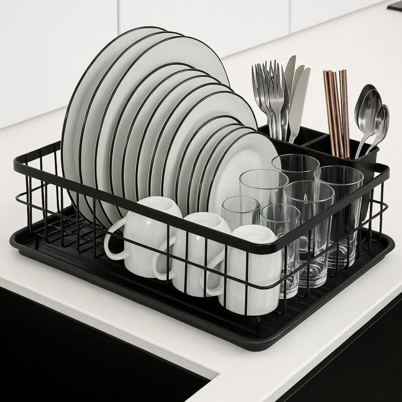Abtropfgestell aus Edelstahl 42×32 cm, Besteckhalter, schwarz, kleines Abtropfgestell.