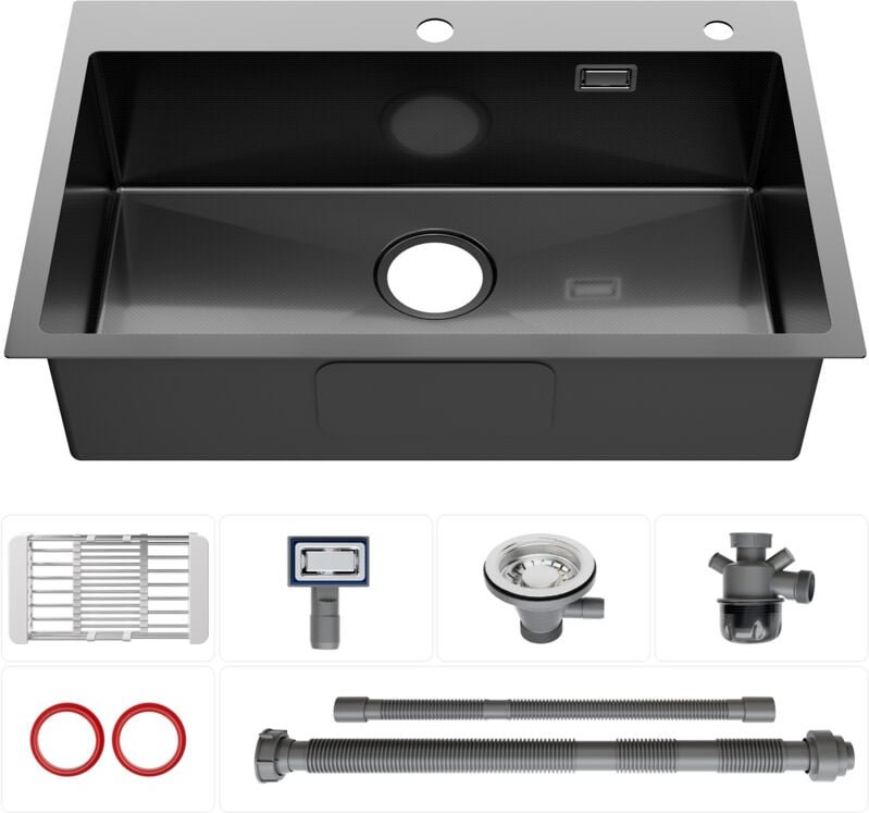 70 × 45 cm Edelstahlspüle, Einzelspüle mit Abtropfkorb, Anthrazitne Küchenspüle inkl. Ablaufgarnitur Set, für ab 80 cm S...