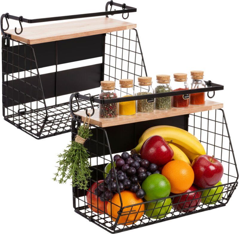 Relaxdays Obstkorb Wandregal 2er Set, Küchenorganizer magnetisch, HBT: 30x35,5x21 cm, Gitterkorb Metall, schwarz/natur