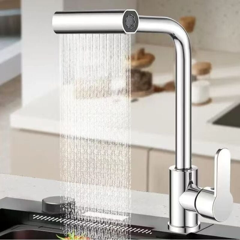 Ausziehbarer Wasserfall-Küchenarmatur, 360° drehbarer Küchenmischer mit Ausziehbrause, 4 Strahlarten, Warm- und Kaltwass...