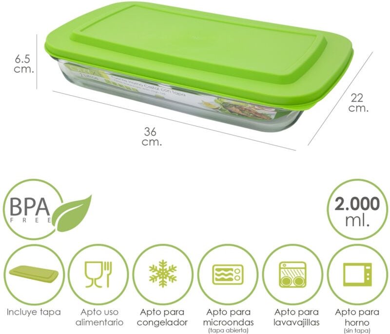 Fuente Cristal Rectangular Con Tapa 2 Litros 36x22x6.5 (Alt) cm.