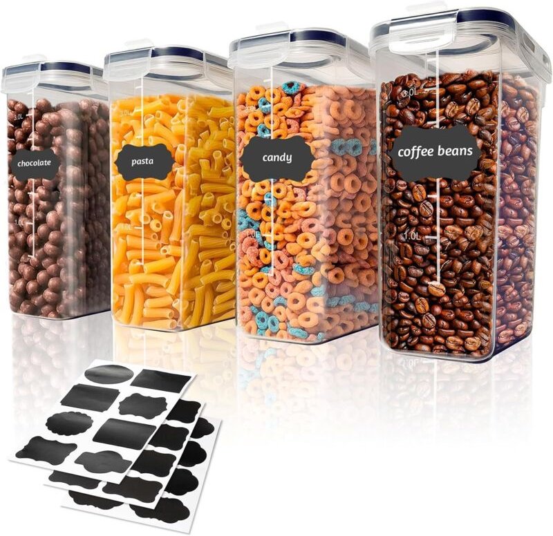4 luftdichte, 4 Liter fassende, BPA-freie Kunststoffbehälter + 24 Etiketten zur Aufbewahrung von Getreide, Mehl, Nudeln ...