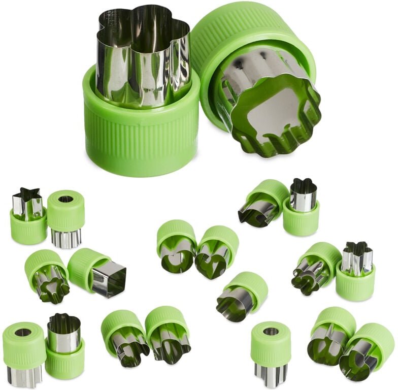 Relaxdays - Ausstechformen klein, 20er Set, für Gemüse, Obst, Plätzchen, Mini Ausstecher mit Griff, Edelstahl, grün/silb...