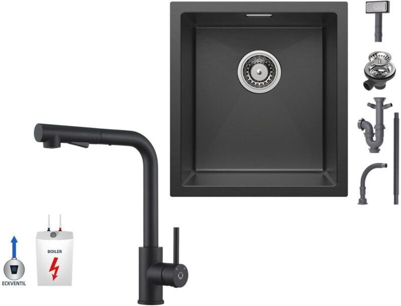 40×44CM Unterbau-Küchenspüle Anthrazitschwarz Edelstahls mit Schwarz Ausziehbarer Küchenarmatur Niederdruck-Küchenarmatu...