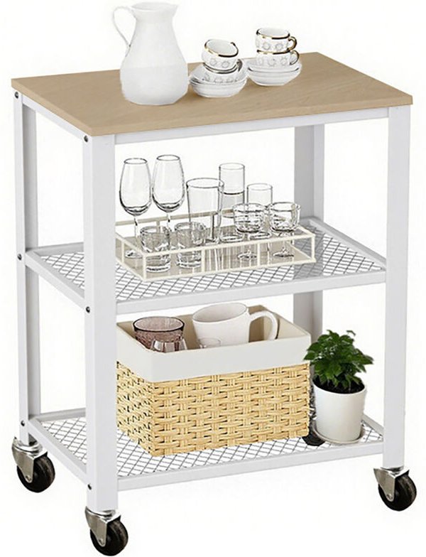 Relaxdays Küchenwagen, 3 Ebenen, Holzoptik, Rollwagen Küche, Haushalt & Büro, HBT: 77,5x60x40 cm, Metall, hellbraun-weiß