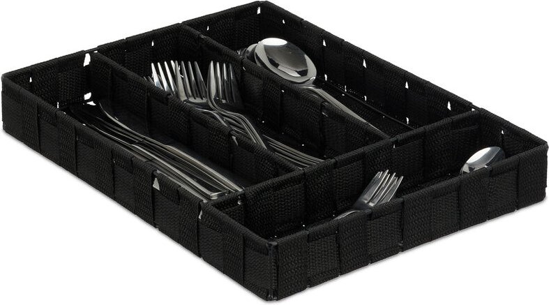 Besteckkasten, Schubladeneinsatz mit 4 Fächern, für Küchenbesteck, geflochten, HxBxT 4,5 x 26 x 36 cm, schwarz - Relaxda...