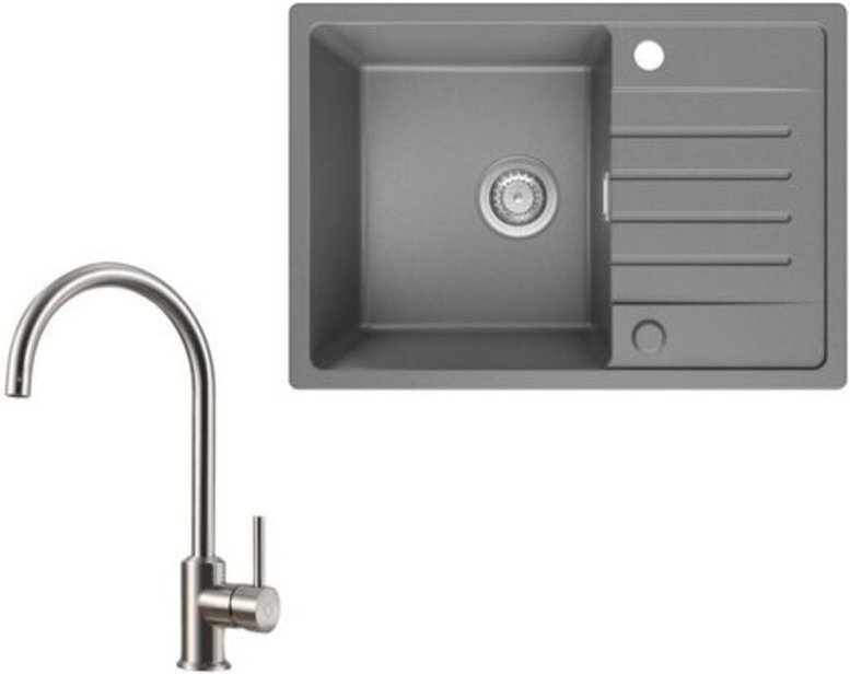 Cecipa Max - Küchenspüle 65x45cm Granitspüle Grau Mit Abtropffläche + Hochdruck-Küchenarmatur Gebürstete Küche Wasserhah...
