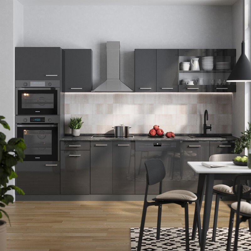 Küchenzeile R-Line, Anthrazit Hochglanz/Anthrazit, 300 cm mit Hochschrank, ohne Arbeitsplatte, Vicco