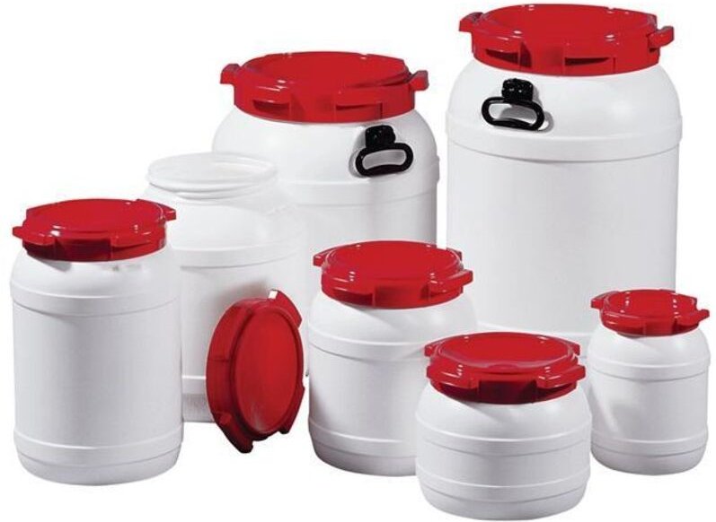 Weithalsfass 3,6 l PE weiß mit rotem Deckel ohne Tragegriffe Einfüllöffnung-Ø 137 mm